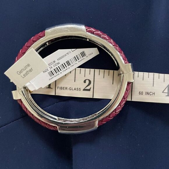 NWT Charming Charlie Wine Braided Leather Silver Tone Hinged Cuff M - Picture 6 of 6